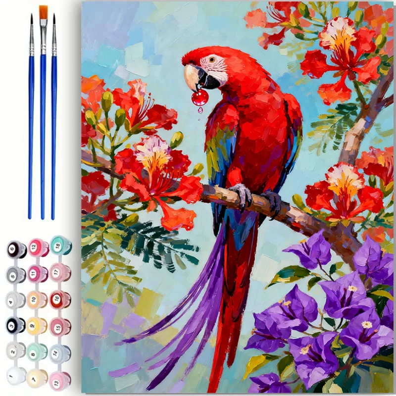 1pc less DIY Paint Numbers for Adults: 24-Color Non-Toxic Acrylic Paints & Brushes with Pre-Printed Parrot on Flower Branch Canv