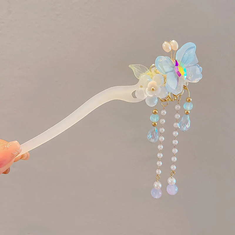 Kids Chinese Style Flower Hair Stick for Women Girls Rhinestone Tassel Hair Clips Headpiece Fashion Hairpin Hair Accessories