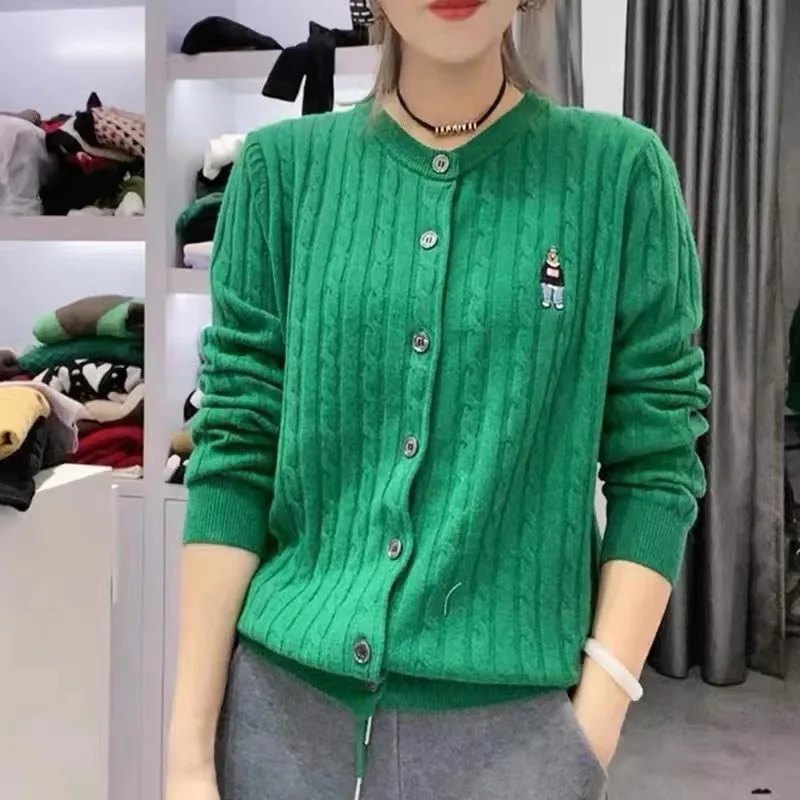 Autumn Winter Fashion Embroidery Casual Knitted Cardigan Women Clothing Vintage Simple Solid Loose O-neck Basic Sweaters