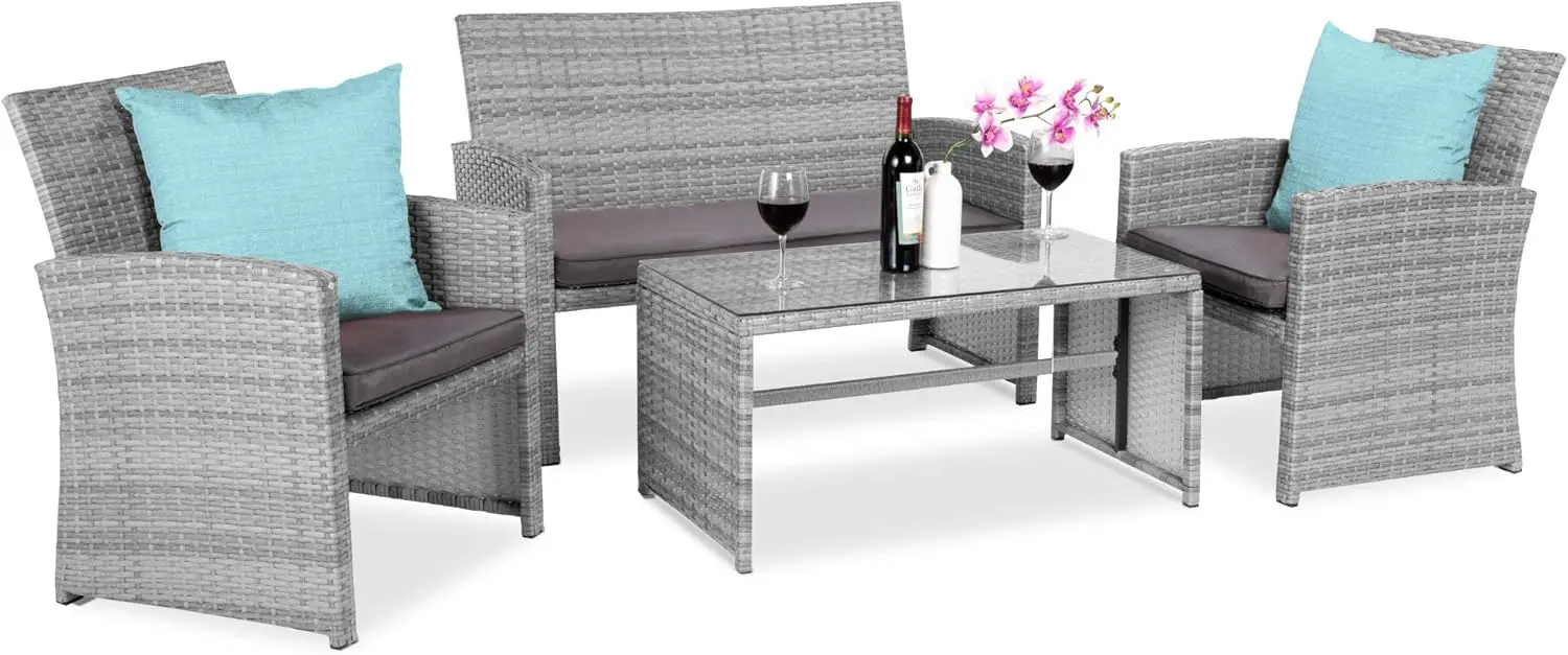 4-Piece Outdoor Wicker Patio Conversation Furniture Set for Backyard w/Coffee Table, Seat Cushions - Gray/Gray