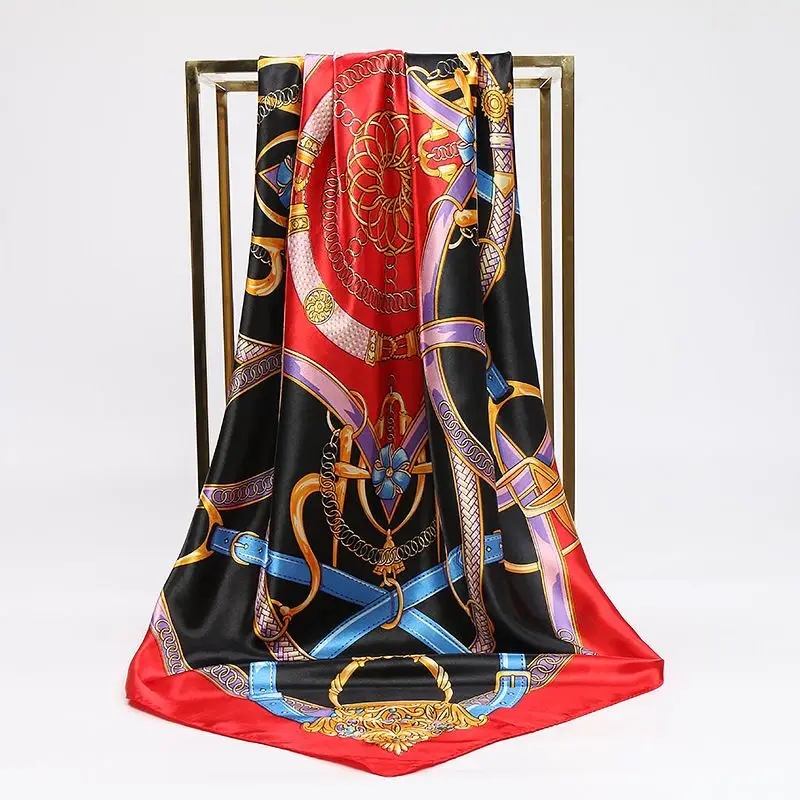 90cm Fashion Silk Square Scarf for Women Hair Band Soft Neckerchief Vintage Hijab Flower Print Headscarf Female Pashmina Bandana image 4