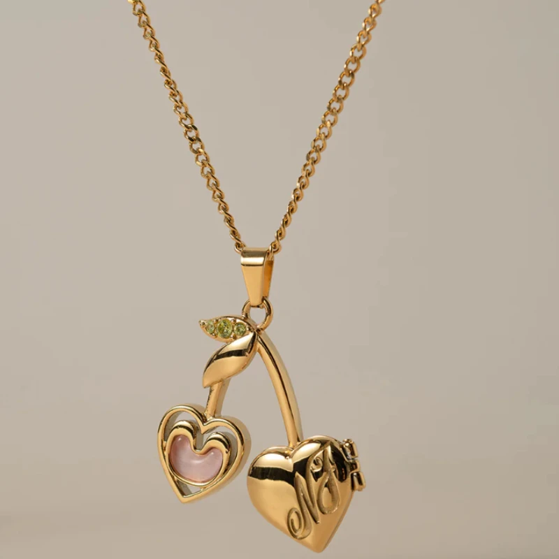 Sweet Cherry Locket Necklace For Bridal Gold Color Heart Shaped Pendant Delicate Chain Cute Fruit Charm Daily Wear Party Jewelry