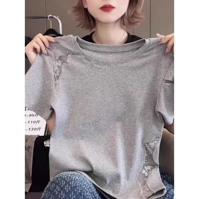 Hollow Out Lace Patchwork Plus Size Solid Casual T Shirts Summer Women Clothes Short Sleeve All-match Vintage Tops Fashion Trend