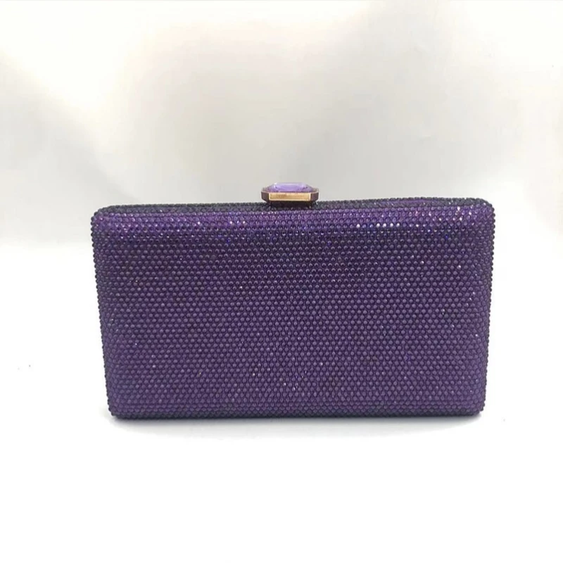 

Dazzling Rhinestone Party Evening Bags Women's Square Hard Crystal Small Box Clutch Purse Shoulder Chain Dark Purple Handbag