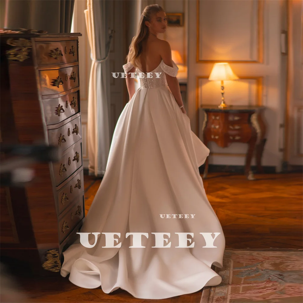 UETEEY Customized Princes Beaded Lace Off Shoulder Satin A Line Wedding Dress Zipper Back High Side Slit Court Train Bridal Gown