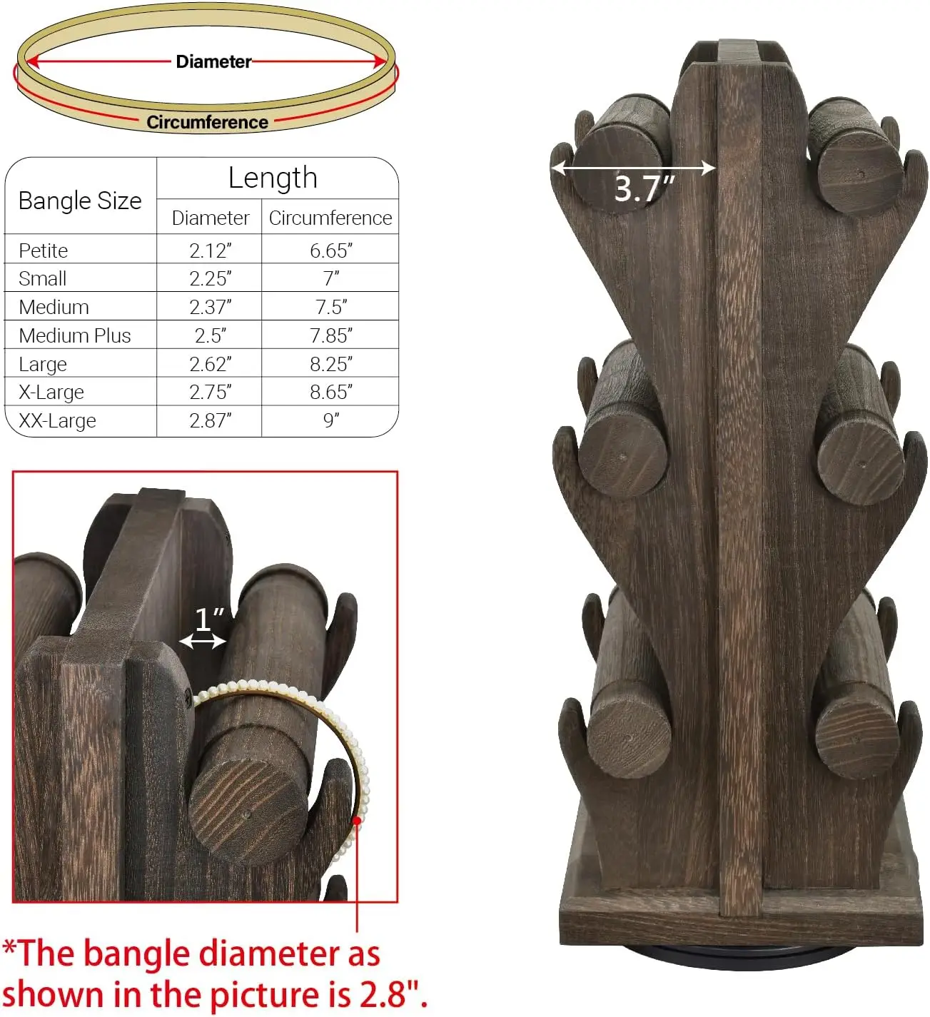 Two-Sided Rotating Wooden Jewelry Stand, 6 Removable Holders, 3-Tier Bangle Organizer, Dark Brown