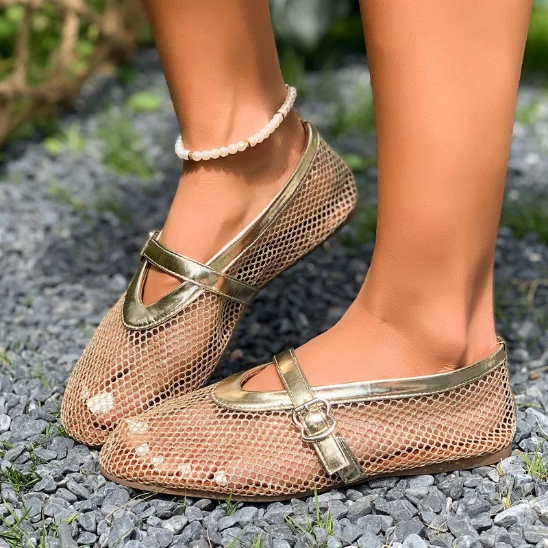 Plus Size Cutout Fishnet Sandals Women's Summer Soft Sole Breathable Flat Mary Jane Single