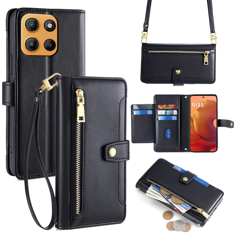 

Wallet Case for Motorola Moto G75 G15 Power G35 G55 G85 5G Leather Flip Phone Case Zipper Crossbody Cover with Straps
