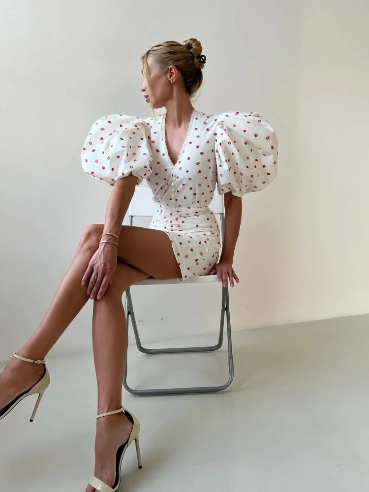 Elegante Polka Dot Aardbeienprint Kant Hoge Taille Retro Geplooid Sexy V-hals Pofmouwen Enkele Knop Formele Lange Avondjurk