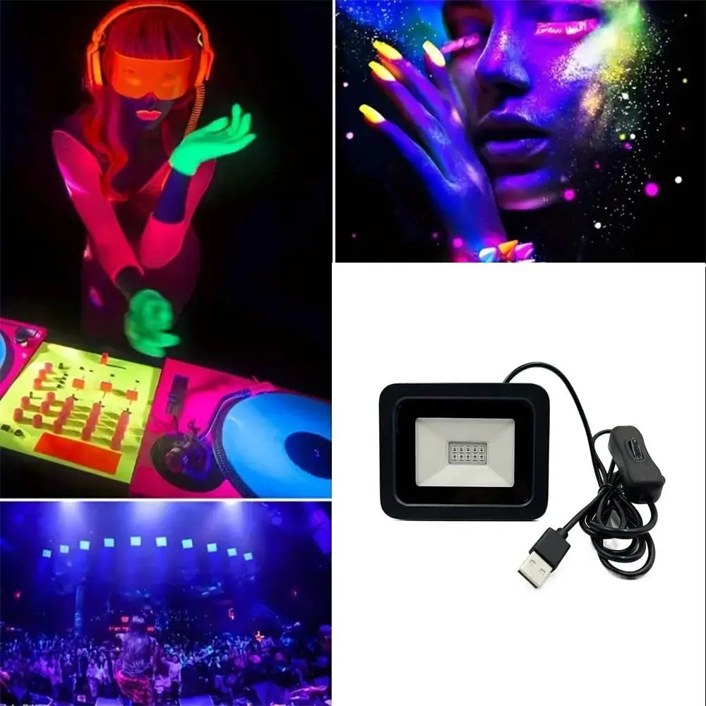 Reflector LED UV USB antibacteriano de 5V, reflector UVA de alta potencia de 395nm, atmósfera de luz fluorescente UV de mano de 10W