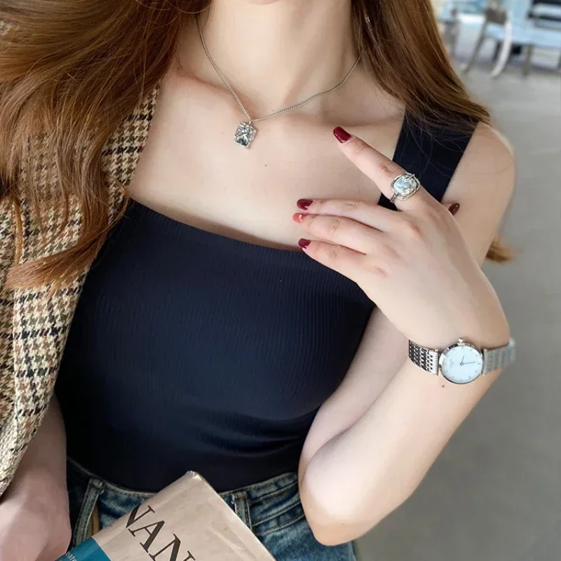 Nice New Wide Shoulder Camisole Square Neck Beautiful Back Threaded Vest Women's Seamless One-piece Fixed Cup Casual Solid Tops
