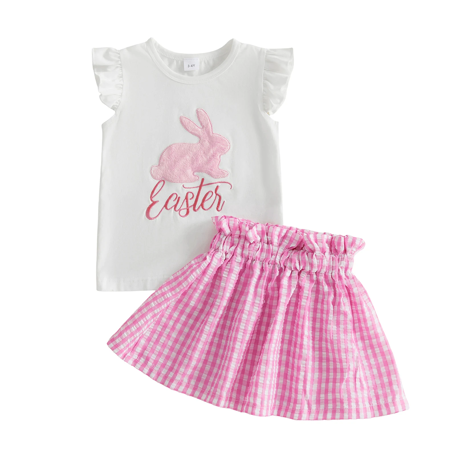 

Toddler Baby Girls Easter Outfit Fashionable Bunny Embroidery Flying Sleeve Tops with Plaid Skirt 2Pcs Clothing Set