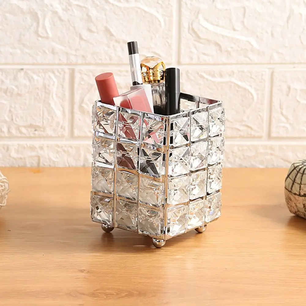 Luxury Metal+Crystal Makeup Brush Holder Nordic Style Desktop Organization Pen Holder Desktop Storage Bucket