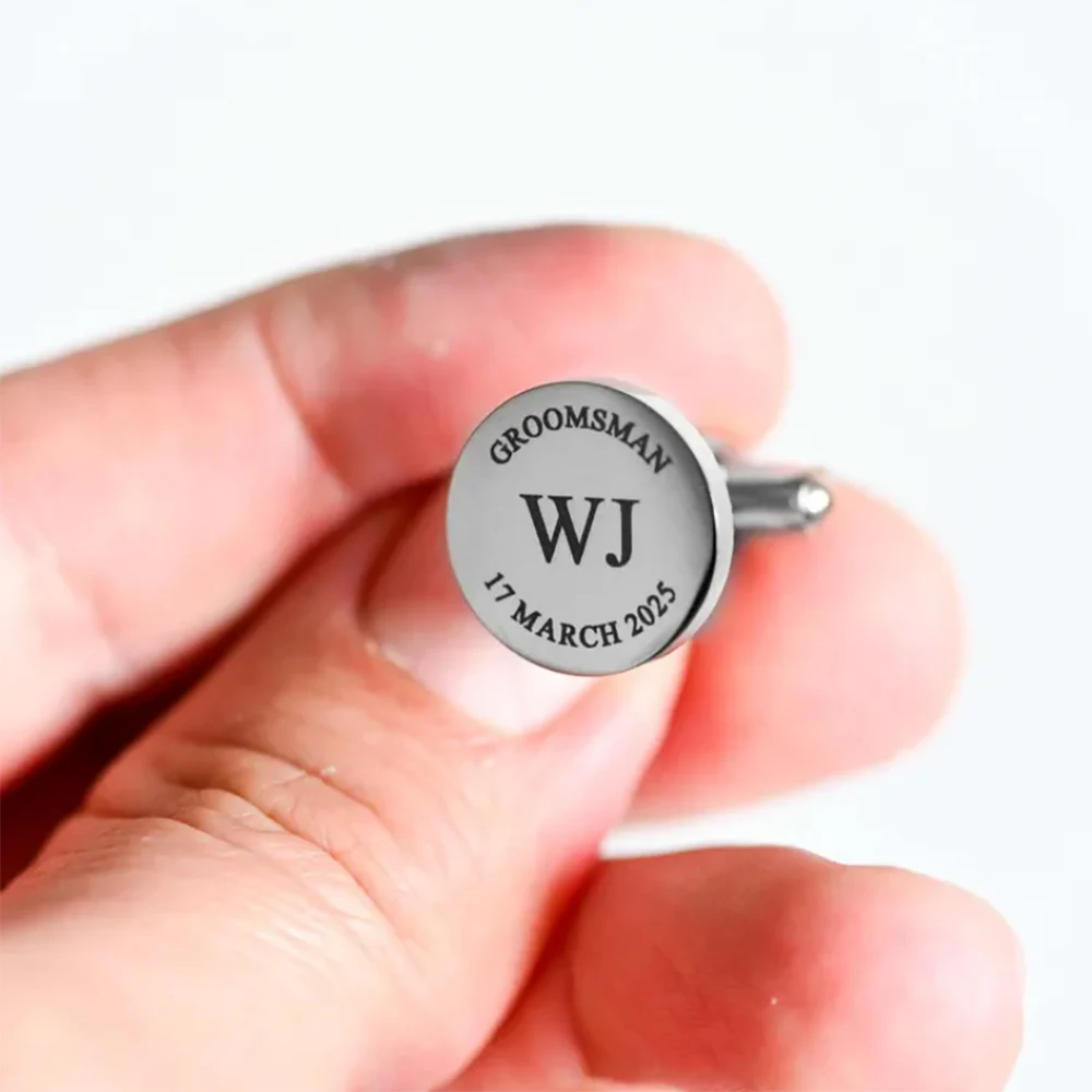 Personalized 2mm Round Metal Cufflinks, Stainless Steel Laser Engraved Custom Letter Cufflinks, Groom And Groomsman Holiday Gift