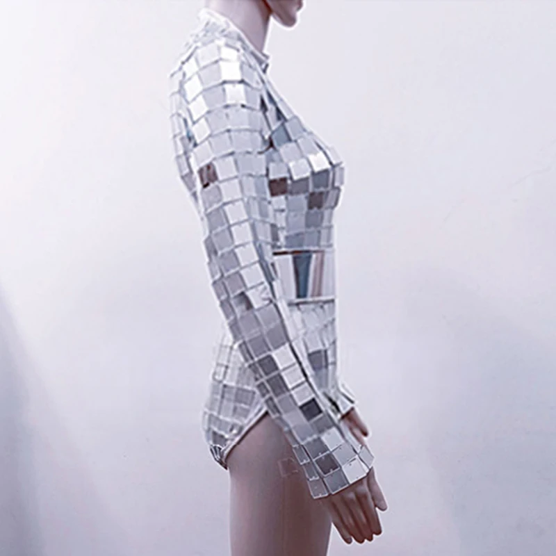 Futuristic Stage Costume Gold Long Sleeve Bodysuit Drag Queen Costumes Silver Mirror Rave Outfit Gogo Show Dance Clothes VDL4640