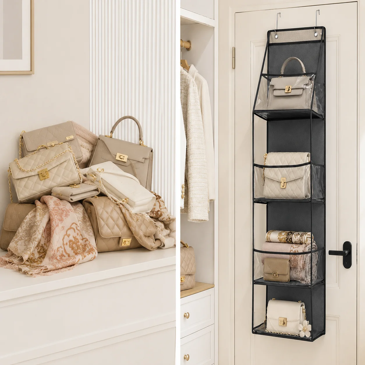 4-Tier Over the Door Handbag Organizer with Clear PVC Pockets and PP Boards for Bags Clothes Towels Bedroom Closet Storage