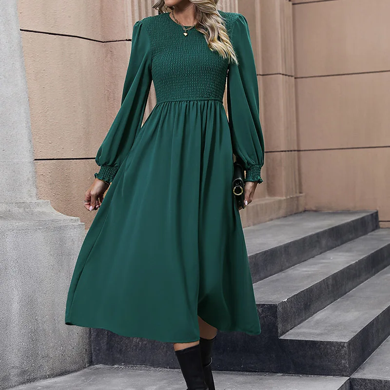 

Autumn and Winter Fashion Elegant Dress Round Neck Pleated Women's Long Skirt