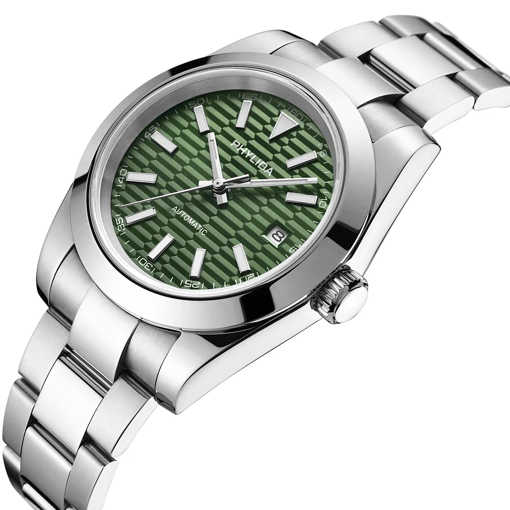 PHYLIDA 39mm Three-Hand with Date New Green Dial Mens Watch 100M WR Miyota Mechanical Automatic Movement