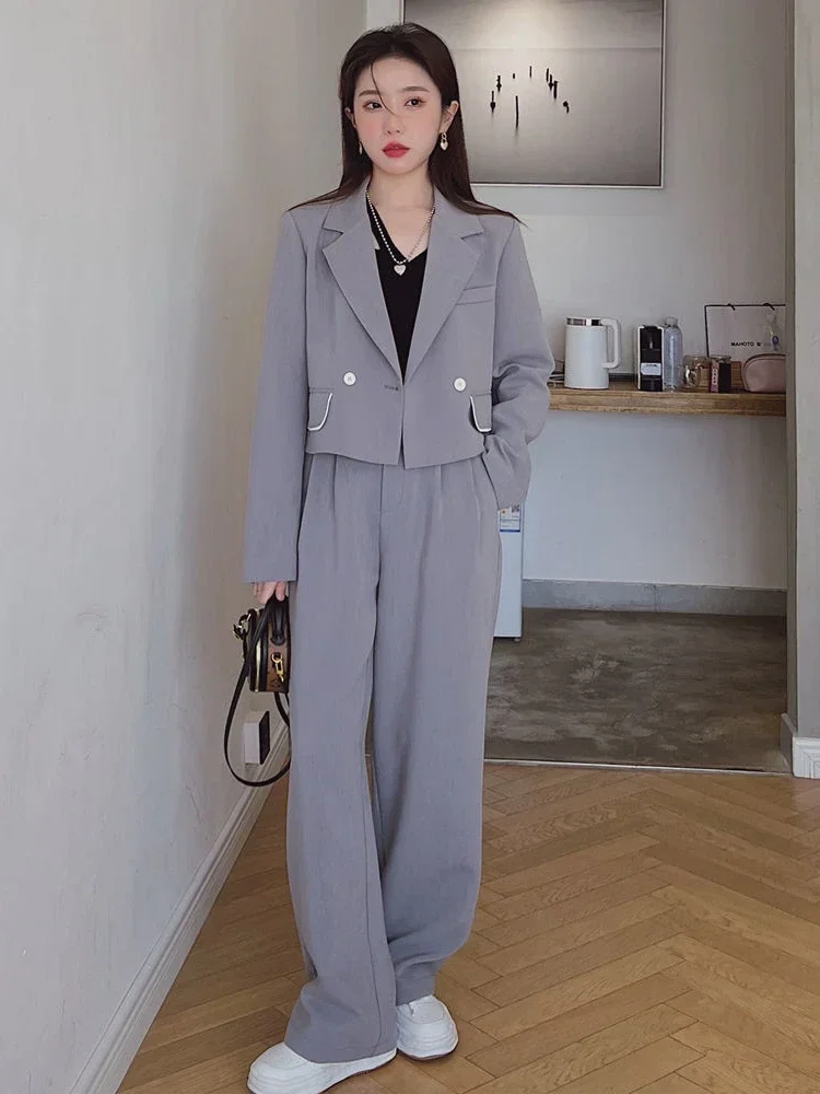 Insozkdg Women Blazers Sets Office Lady Simple Retro Harajuku Korean Vintage Streetwear Leisure Classic Solid 2-piece Set Women