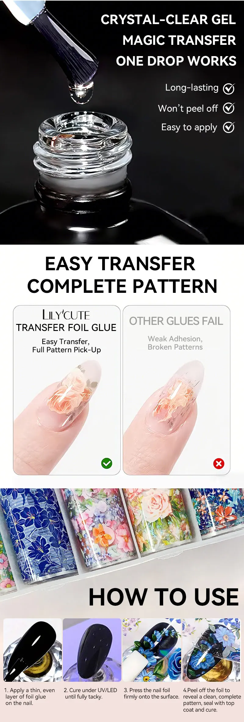 LILYCUTE 8ML Transferfolienkleber für Sternennägel, semi-permanenter Lack für selbstklebende Aufkleber, Nagelkleber, Soak Off UV-LED-Gel-Nagel – Detail 3