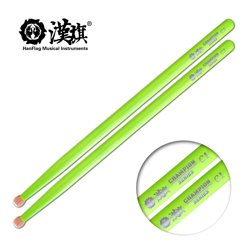 HUN C1 Marching Snare Drumsticks American Hickory Starry Green UV Fluorescent  432mm 18mm Ball Tip Heavy Duty Band Drum Sticks