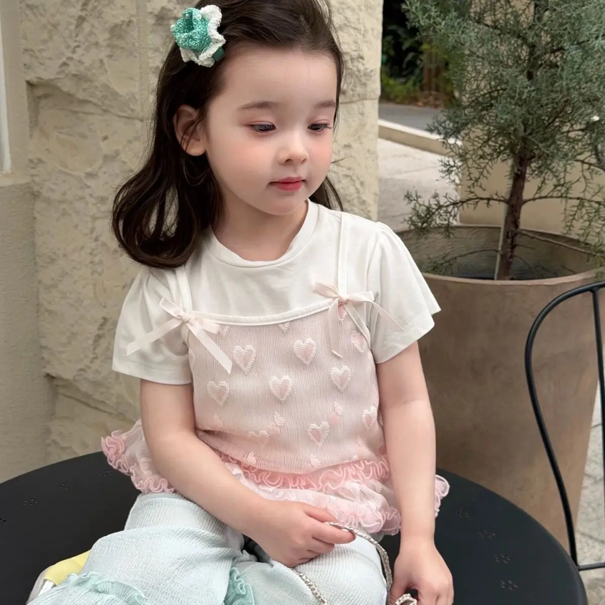 Girls' Summer New Style 2026 Super Cute Sweet Wind Fake Two piece Top Small Fresh Pants Set