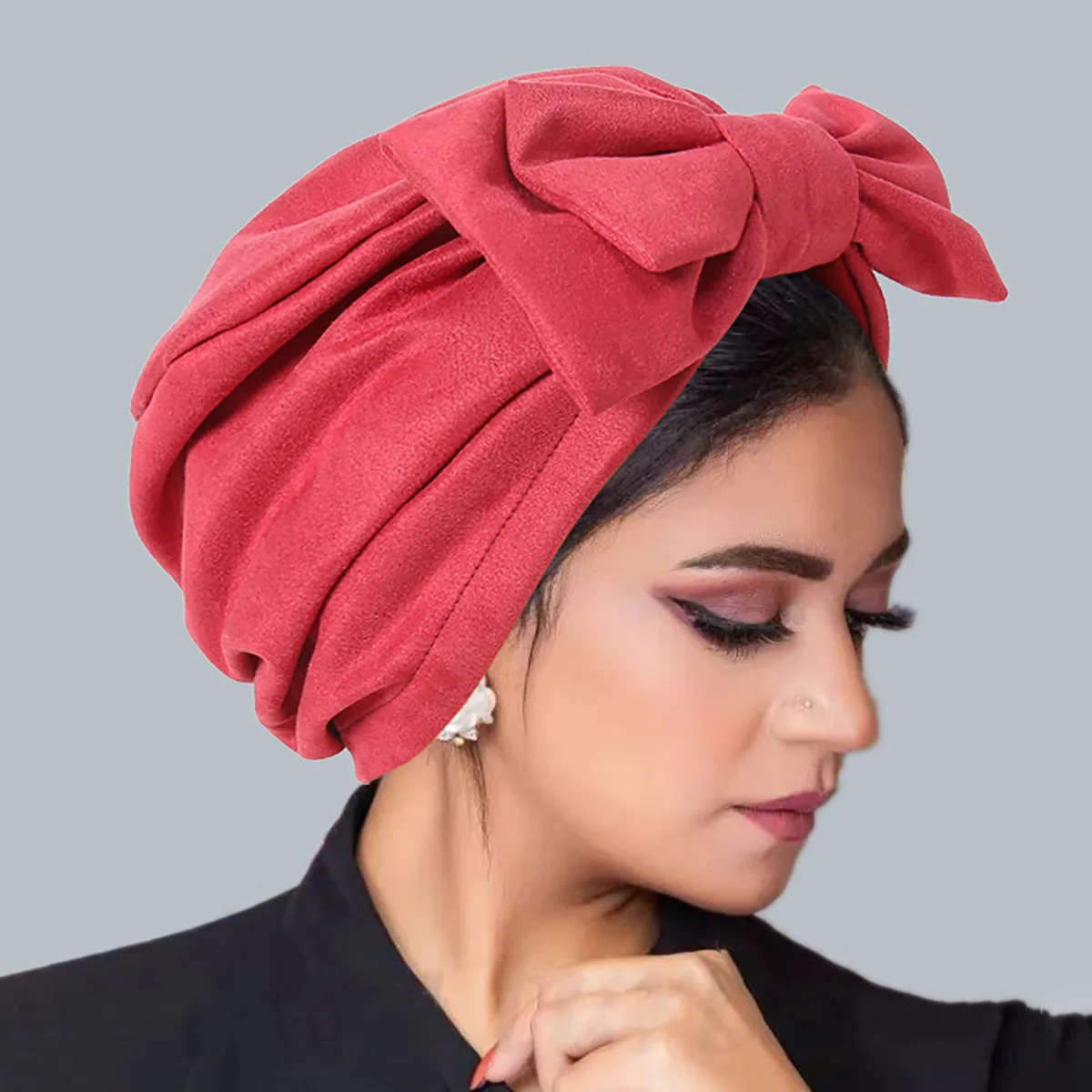 Indian Women Suede Detachable Bow Turban Caps Soild Color Female Headscarf Bonnet Muslim Hijab Cap Islamic Under Scarf Turbante