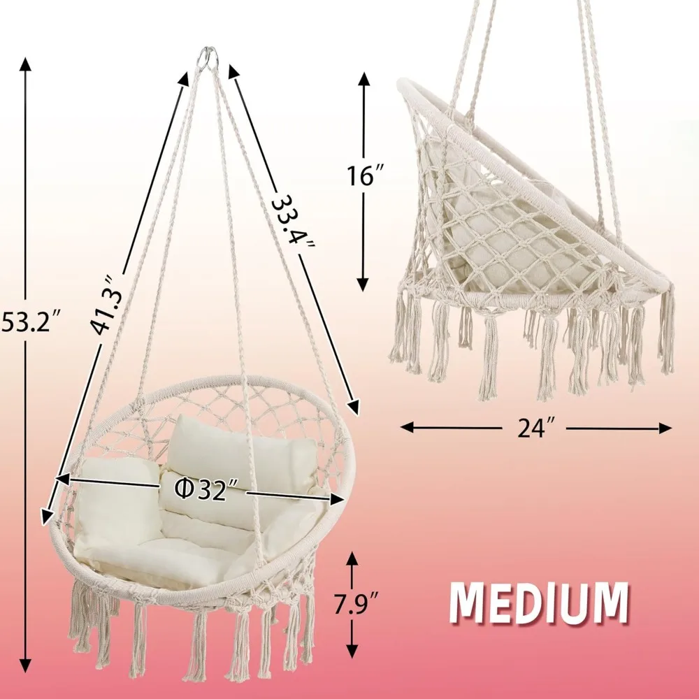 Macrame kursi gantung ayunan, tempat tidur gantung dengan bantal Medium, sempurna untuk kamar tidur, teras, dewasa, balkon, krem