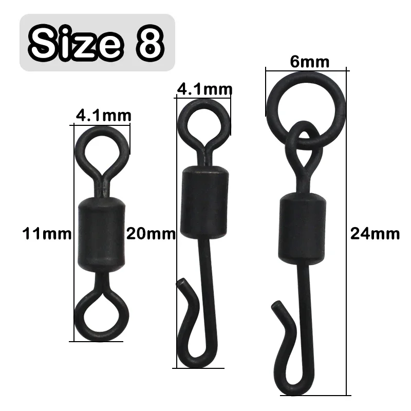 20x Carp Fishing Tackle Size 8 Quick Change Flexi Ring Swivel Ronnie Rig Fit Ronnie Carp Rigs Anti Tangle Sleeves Lead Clip