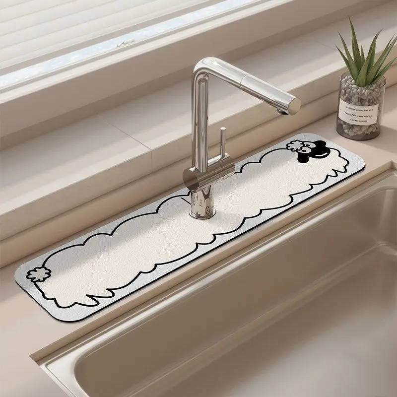 VIKAMA Cartoon Panda Sink Faucet Mat, Cute Animal Splash Pad, Non Slip Absorbent Quick Dry Counter Protector, Bathroom Decor
