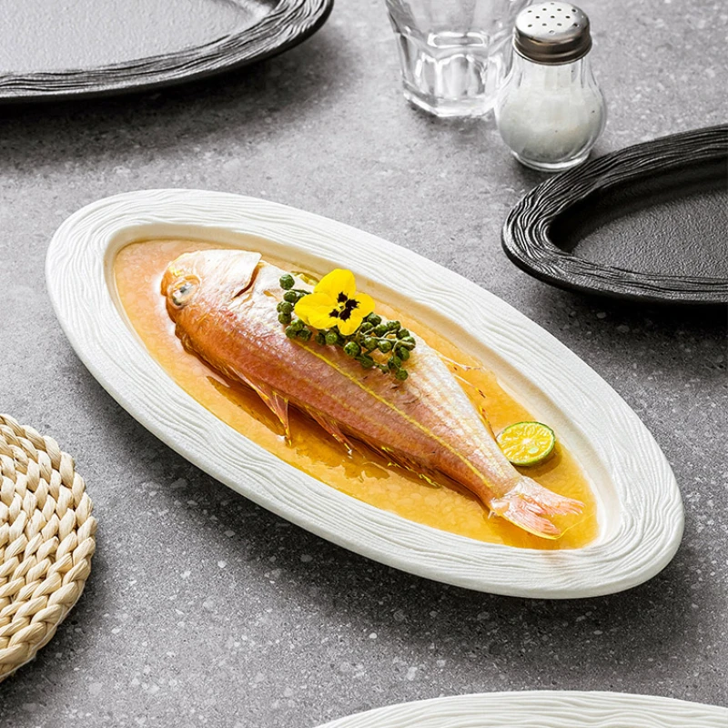 

Creative Home Steamed Fish Dish Ceramic Oval Plate High-grade Restaurant Fish Plate Large-sized Restaurant Western Tableware