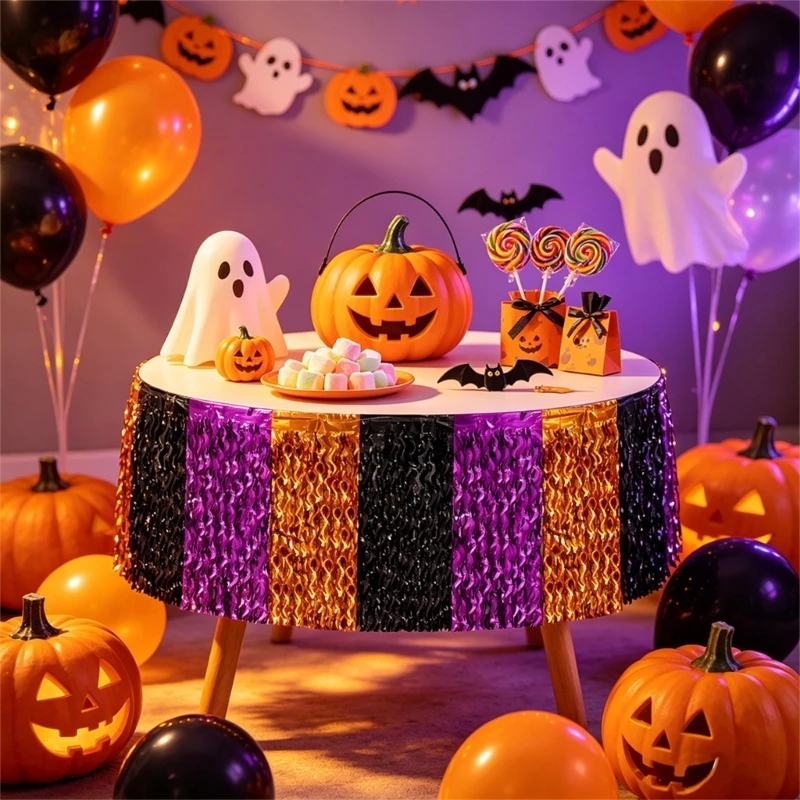 Spooky Party Table Skirt, Reflective Plastic Cascading Cover Trim for Dessert, Buffet, Sign-In, and Photo Tables Y5GB