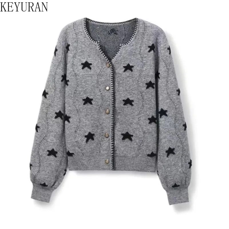 2024 Spring Autumn Star Jacquard Knitted Cardigan Sweater Women Vintage V Neck Long Sleeve Casual Lazy Knitwear Tops Jumper