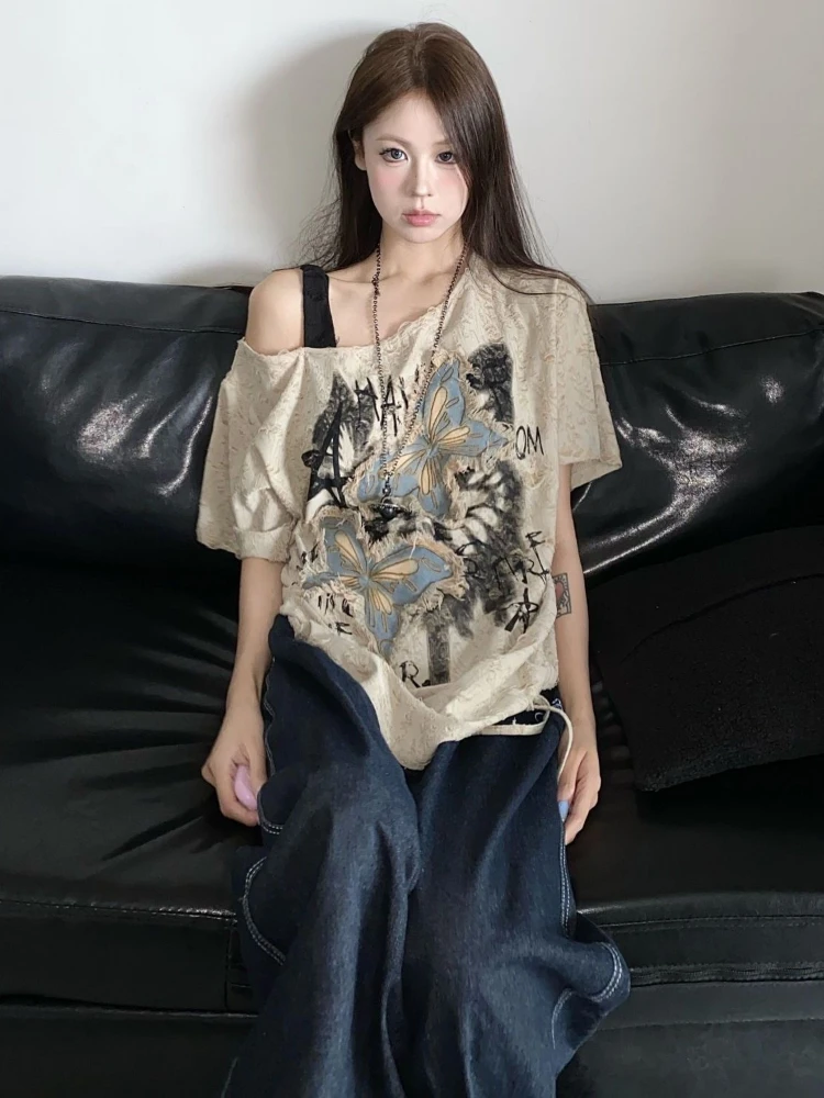 Y2K الجمالية فراشة شرابات تي شيرت المرأة الشارع الشهير الجرونج عادية تيز Harajuku المتضخم انحراف طوق قبالة الكتف القمم #3