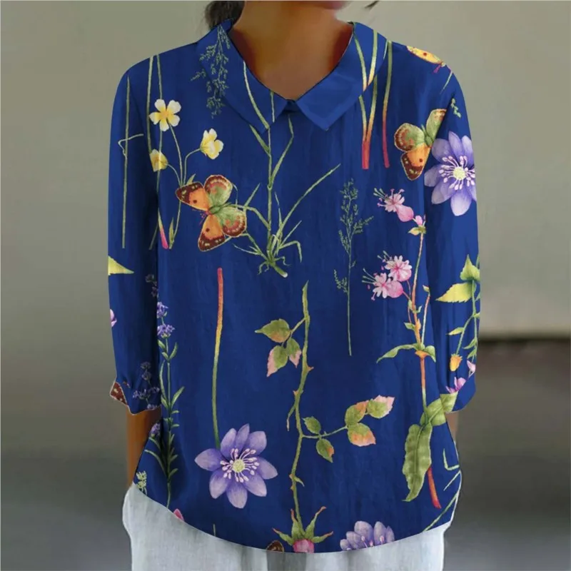 Autumn Vintage Floral Pattern Printed Long Sleeve Linen Shirt Women\'s Doll Neck Loose Casual Cotton And Linen Shirts Tops 2024