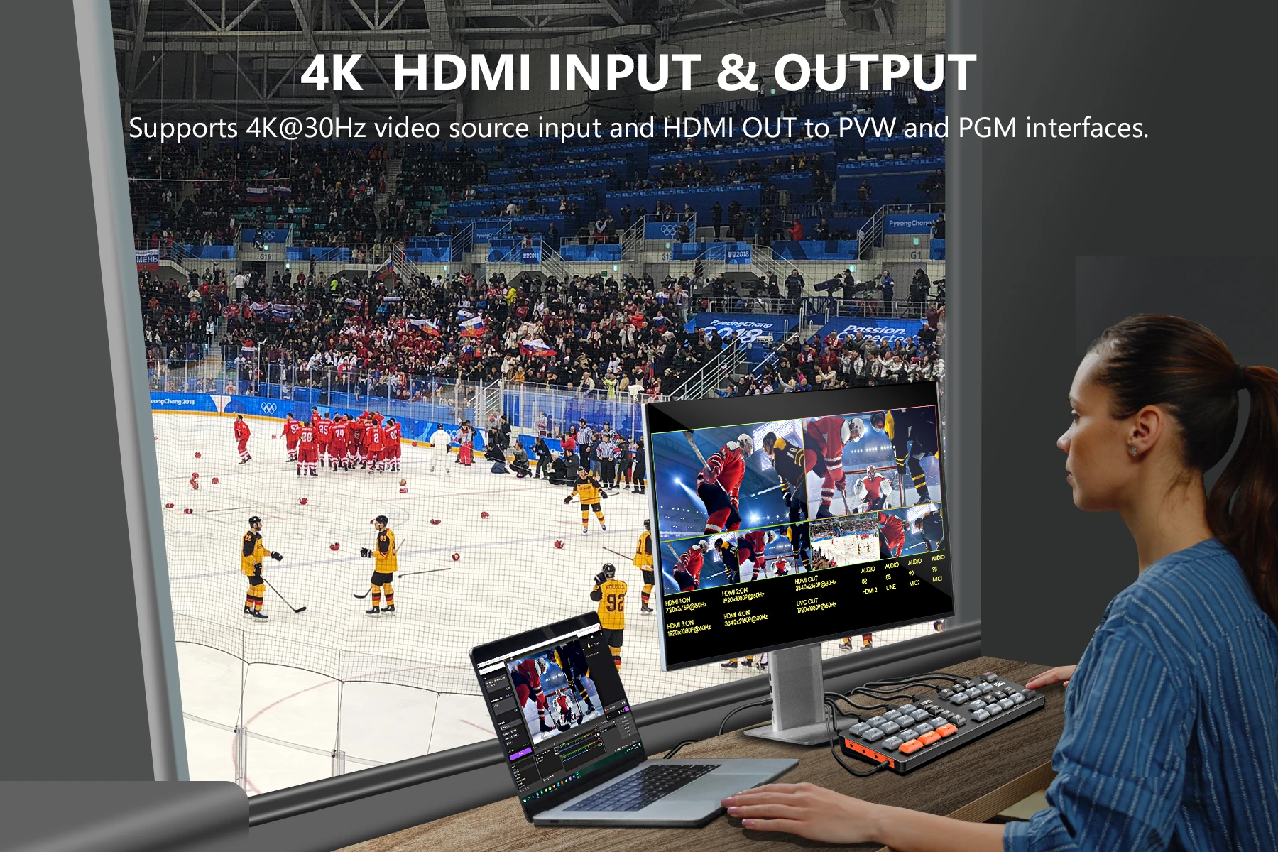 VRRIIS 4K Video-Switcher mit 4 HDMI-Eingängen, HDMI-kompatibel für Live-Streaming-Ausrüstung, Kartenmischer, Fotostudio-Kamera – Detail 2