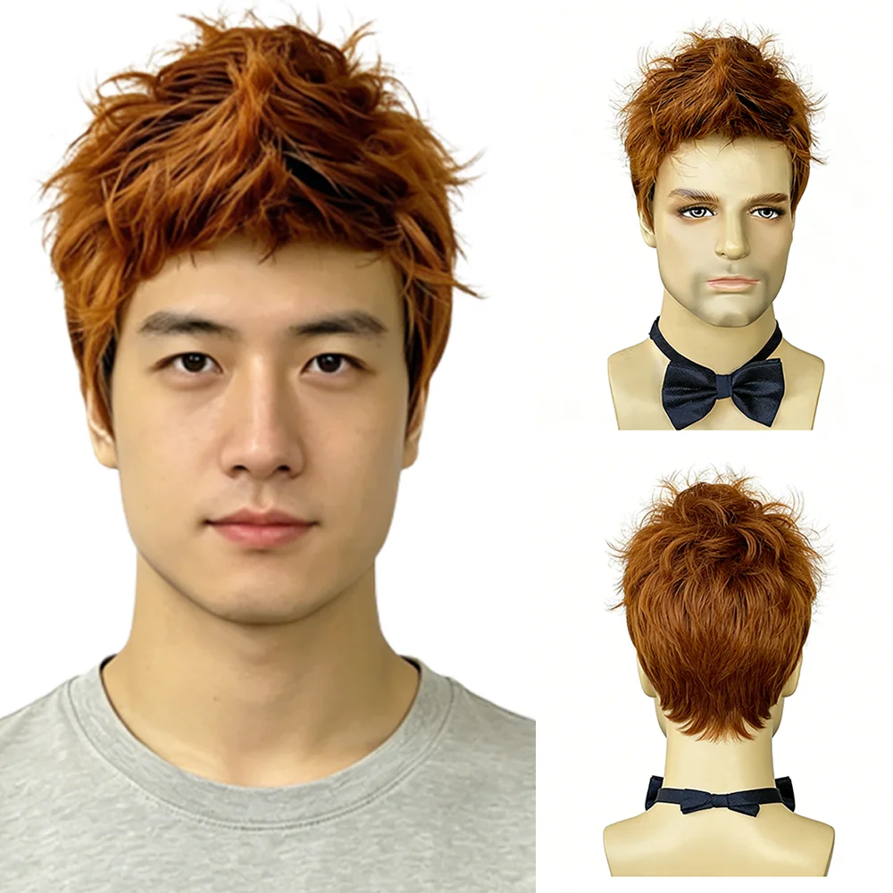 Natural Mens Short Curly Wig Orange Brown Fluffy Layered Texture Heat Resistant Synthetic Hair Realistic Breathable Daily Wear