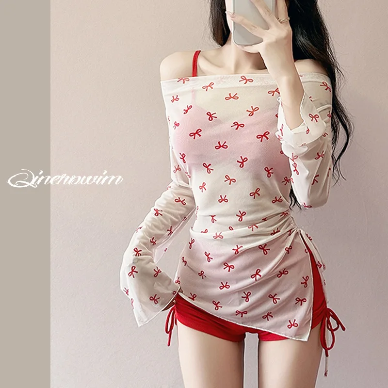 

New sexy red bikini swimsuit suit set of three Korean fashion conservative Bow Print Cover Smock Lace-up Swimsuit Beach Wear