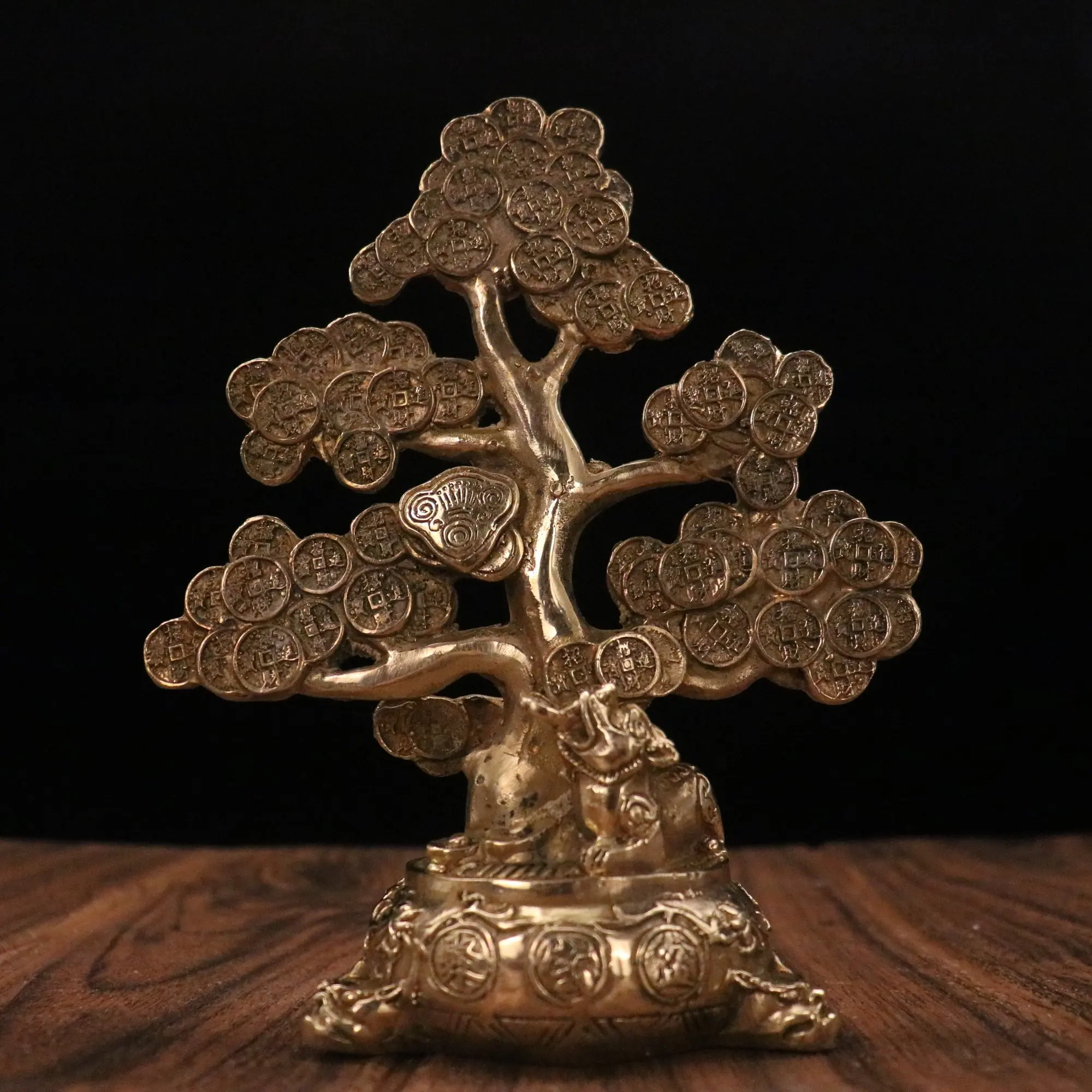 

8"Tibetan Temple Collection Old Bronze Patina Lucky Tree Fortune Tree Brave Troops coin Gather fortune ornament Town house