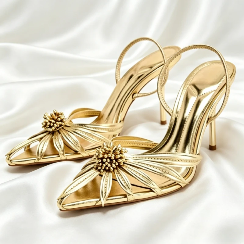 Sexy Pointed Toe Golden Heeled Sandals Woman Floral Decoration Back Strap Female Pumps Elegant Summer Backless Heels for Ladies