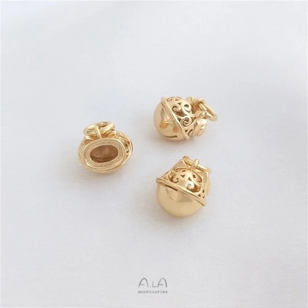 14K Gold Package Lucky Cat Bell Pendant with Inlaid Ring Face Handmade DIY Pendant Bracelet Necklace Jewelry Hanging Decoration