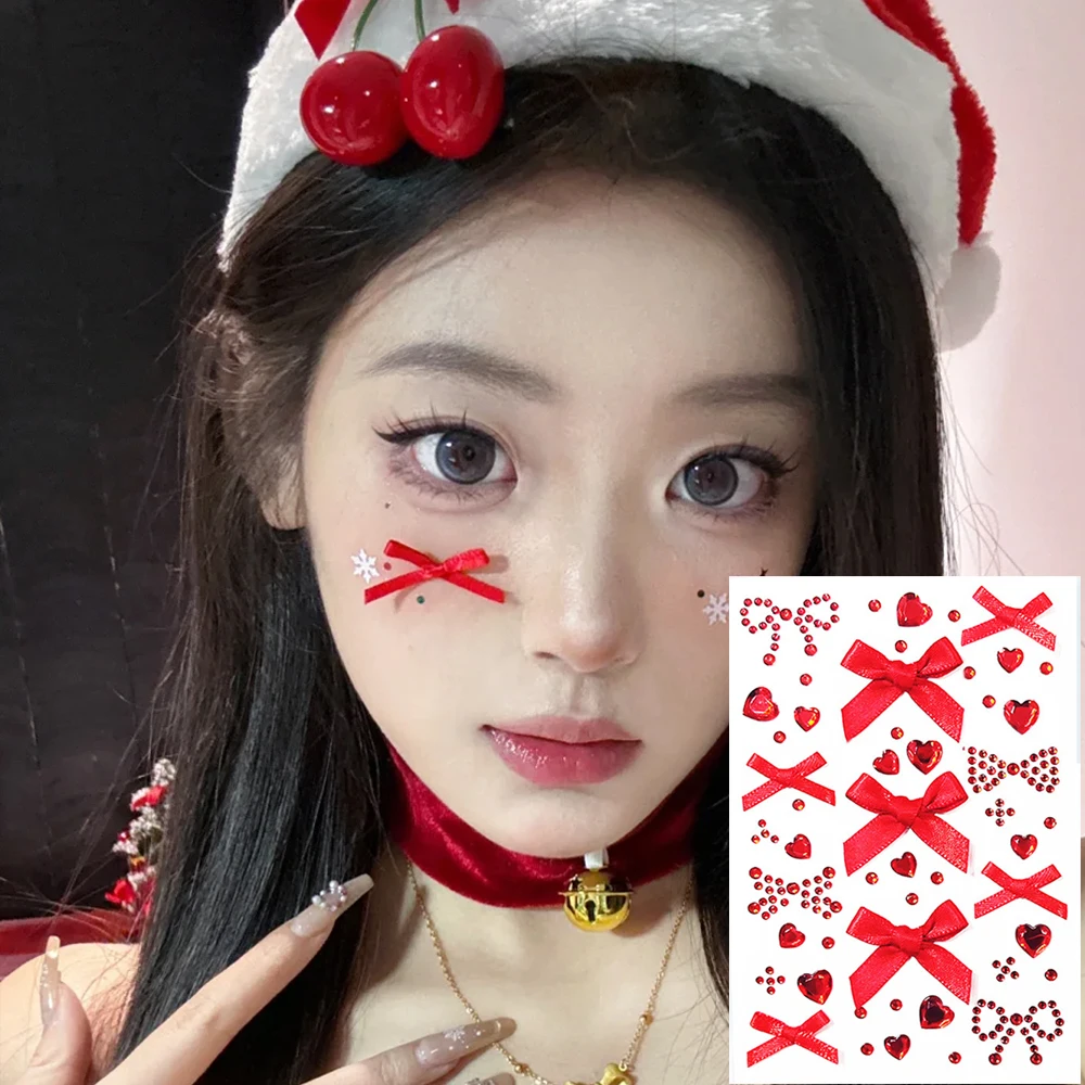 5D الشريط القوس والقلب حجر الراين ملصقات الوجه الوردي/الأحمر تألق فراشة جوهرة لعيد الميلاد عطلة حزب ماكياج ملصقات ديكور لتزيين الغرف