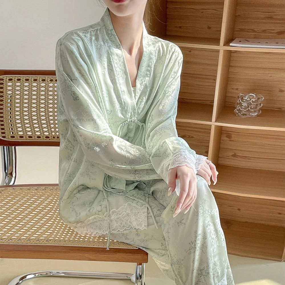 Spring Sleepwear Ice Silk New Chinese Style Loungewear Women's Long Sleeve Lace Cardigan Pale Cyan Chinese Style Pajamas