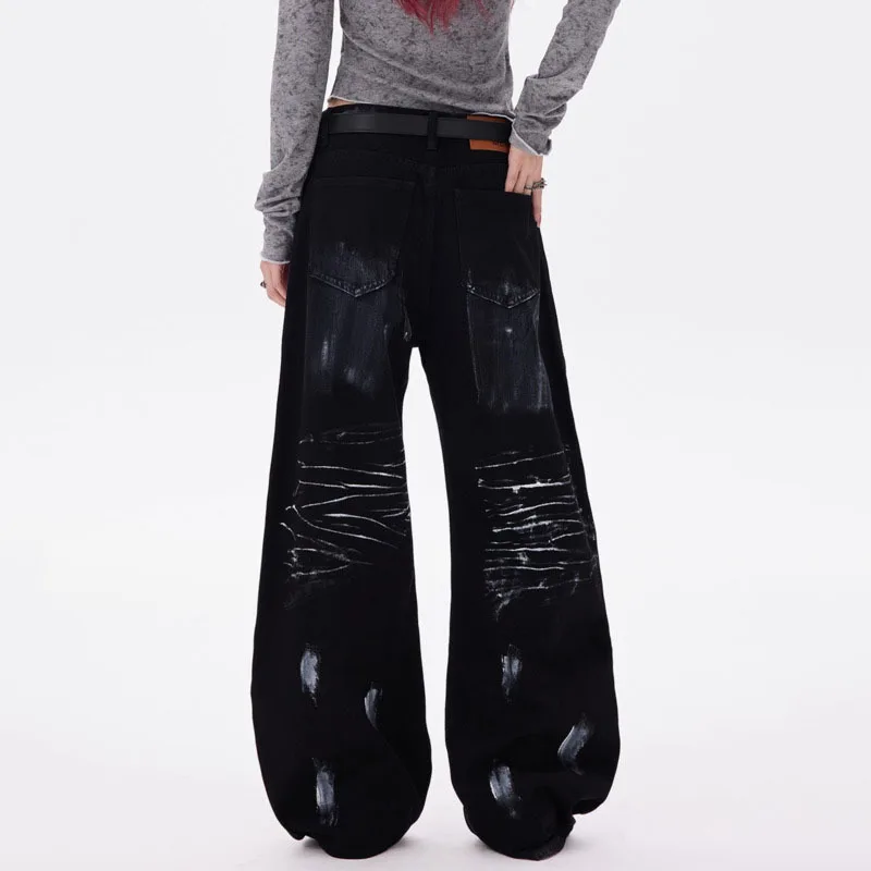 HKSH Spring Autumn New Women's Jeans Printed Studded Diamonds Versatile Stylish High Street Elegant Wide Leg Denim Pants HK15397