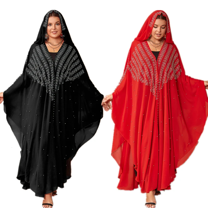 Muslim Hooded Robes Boubou African Abaya Dresses For Women Elegant Chiffon Beaded Long Dress Ladies Traditional Africa Clothing