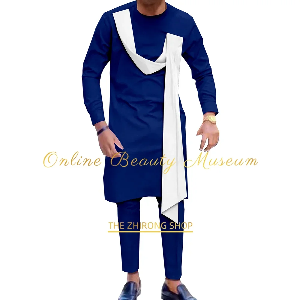 Tuxedo for Men's Wedding 2pcs Set African Traditional Attire Long Sleeve Dashiki Shirts & Pants Tribal Outfits for Prom Party