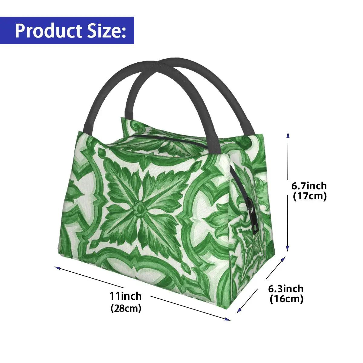 Green Ornate Floral Mediterranean Sicilian Tile Lunch Bag Storage Food Boxes Container Cooler Thermal Lunch Box Tote