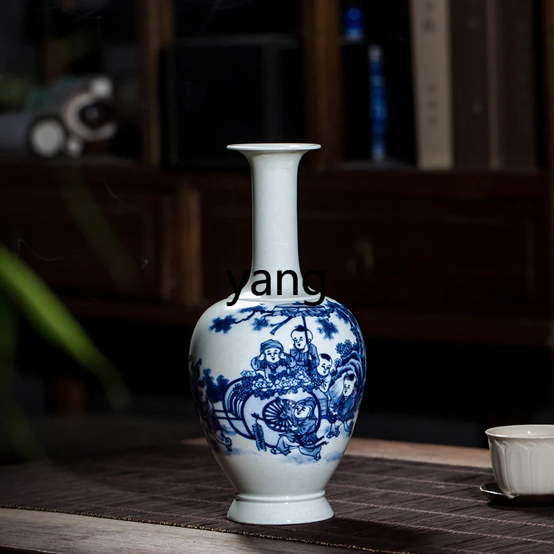 L'm'm Hand-Painted Wood Kiln Vase Chinese Living Room Wood Burning Blue and White Porcelain Decoration Porcelain