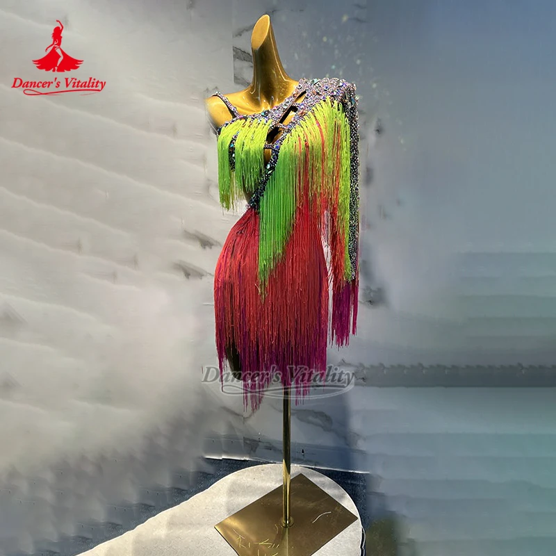 

Female Luxury AB Stones Chacha Jive Samba Unilateral Long Sleeve Adult Latin Dance Contest Clothing Customized Dancer's Vitality
