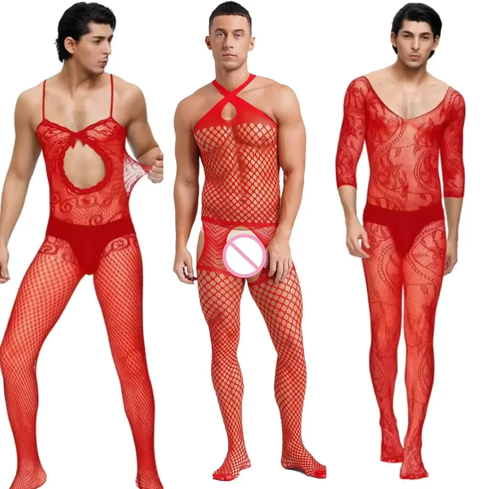 

Sexy Red Lace Men Erotic Lingerie Mesh Hollow Out Halter Sleeveless Sling Bodystocking Gay Bodysuits